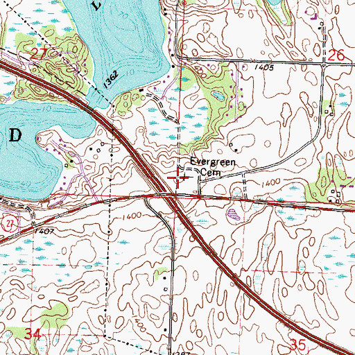 Topographic Map of Evergreen Cemetery, MN