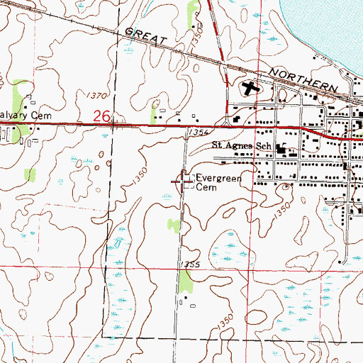 Topographic Map of Evergreen Cemetery, MN