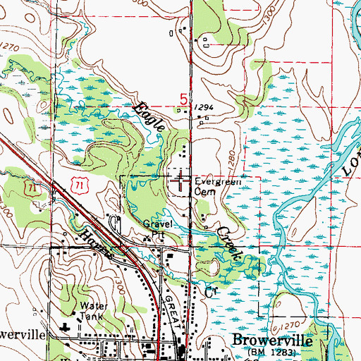 Topographic Map of Evergreen Cemetery, MN