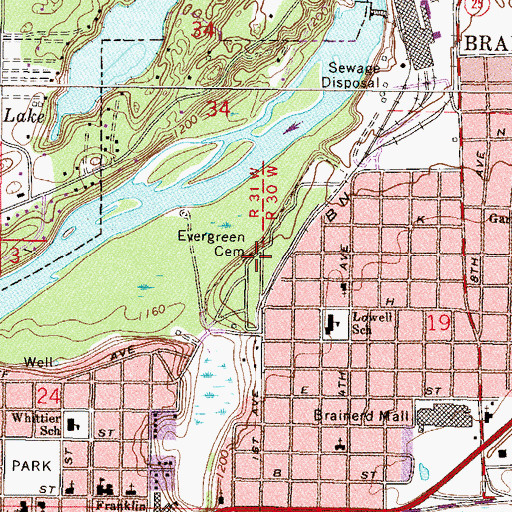 Topographic Map of Evergreen Cemetery, MN