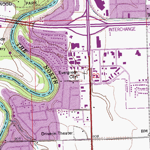 Topographic Map of Evergreen Cemetery, MN