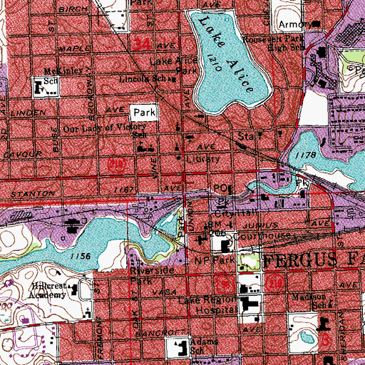 Topographic Map of Fergus Falls, MN