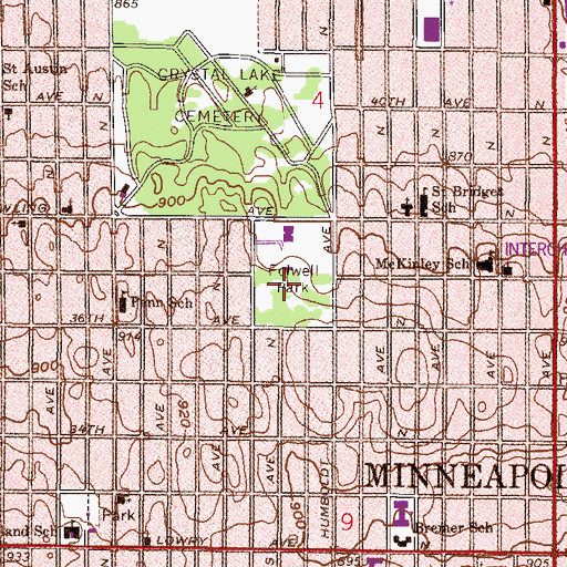 Topographic Map of Folwell Park, MN