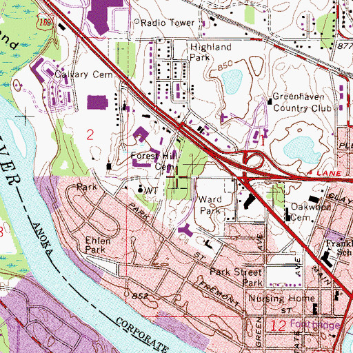 Topographic Map of Forest Hill Cemetery, MN