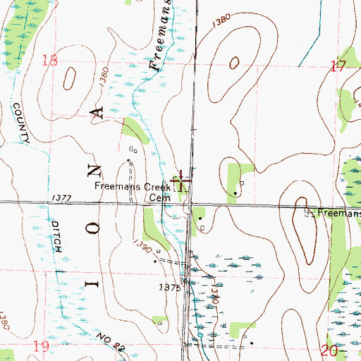 Topographic Map of Freemans Creek Cemetery, MN