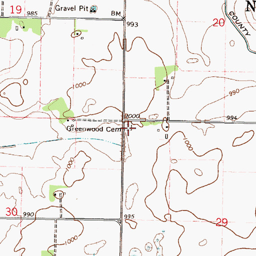 Topographic Map of Greenwood Cemetery, MN
