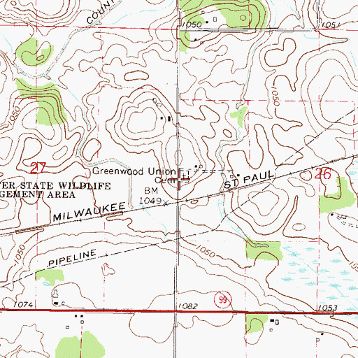 Topographic Map of Greenwood Union Cemetery, MN