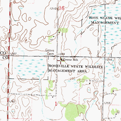 Topographic Map of Grove School, MN