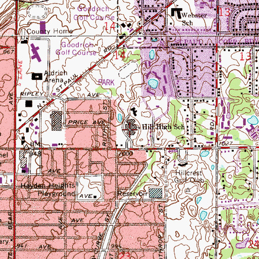 Topographic Map of Hill High School, MN