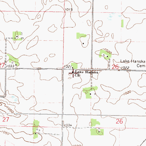 Topographic Map of Lake Hanska Church, MN