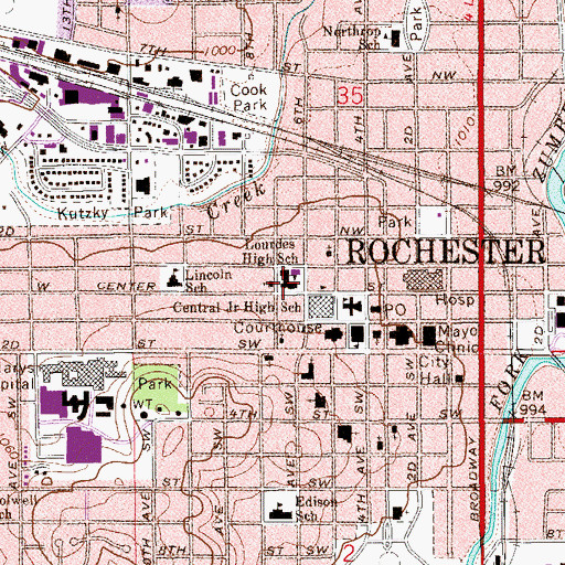 Topographic Map of Lourdes High School, MN