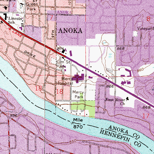 Topographic Map of Mercy Hospital, MN