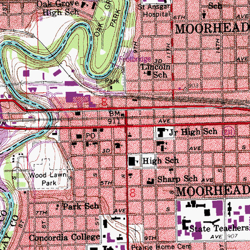 Topographic Map of Moorhead, MN