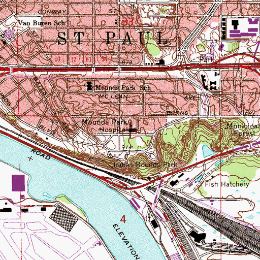 Topographic Map of Mounds Park Hospital, MN
