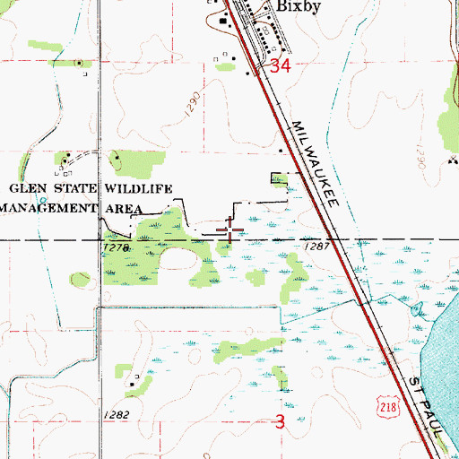 Topographic Map of Oak Glen State Wildlife Management Area, MN