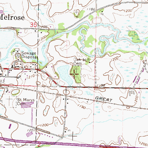 Topographic Map of Oak Hill Cemetery, MN