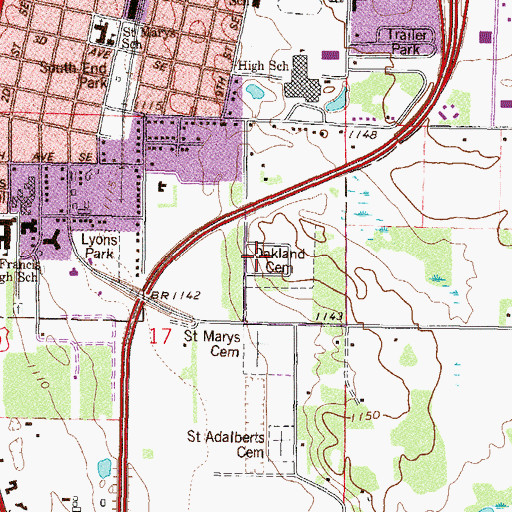 Topographic Map of Oakland Cemetery, MN