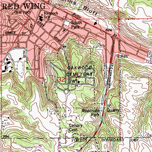 Topographic Map of Oakwood Cemetery, MN