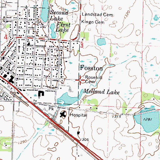 Topographic Map of Rosehill Cemetery, MN