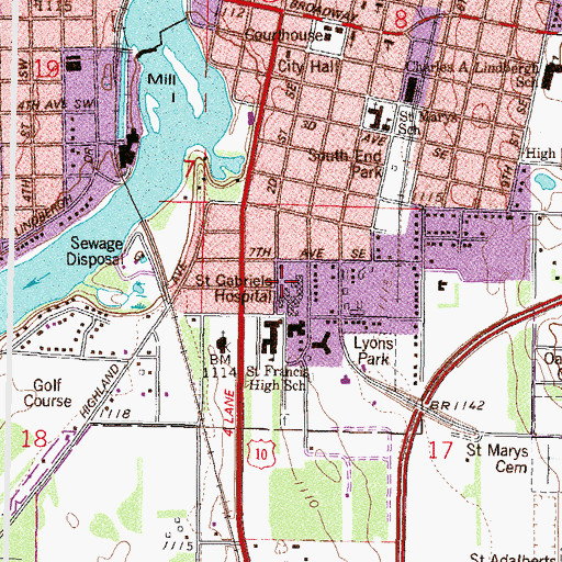 Topographic Map of CHI Saint Gabriels Health - Saint Gabriel's Hospital, MN
