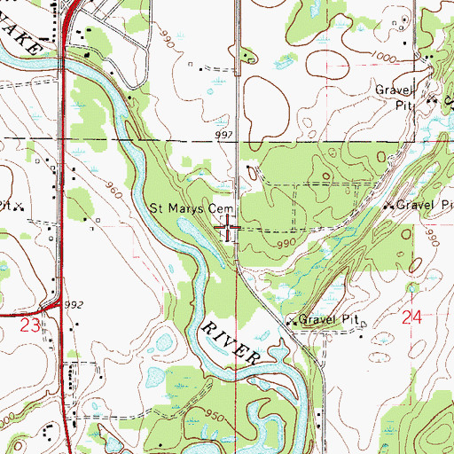 Topographic Map of Saint Marys Cemetery, MN