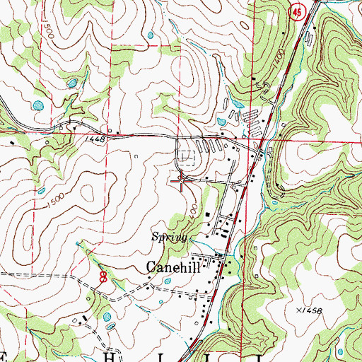 Topographic Map of Canehill Cemetery, AR