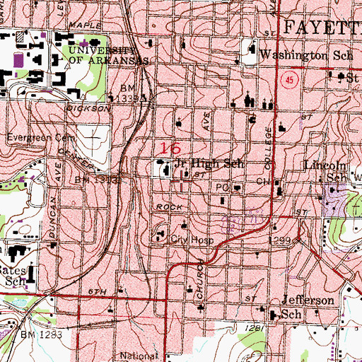 Topographic Map of Fayetteville Fire Department Station 1, AR