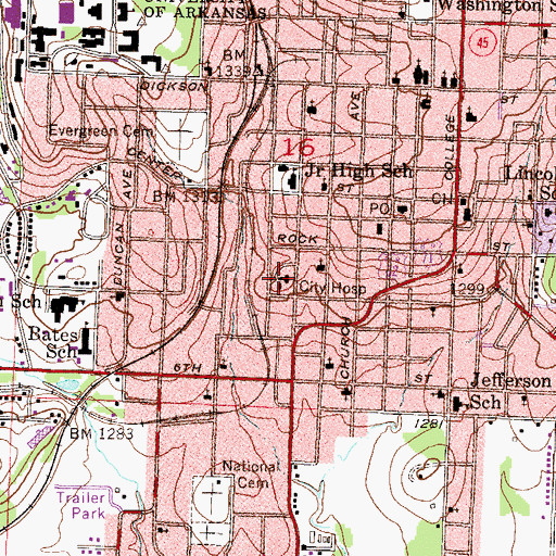 Topographic Map of Fayetteville City Hospital, AR