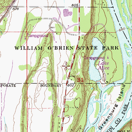 Topographic Map of William O'Brien State Park, MN