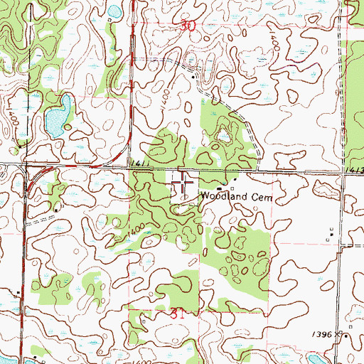 Topographic Map of Woodland Cemetery, MN