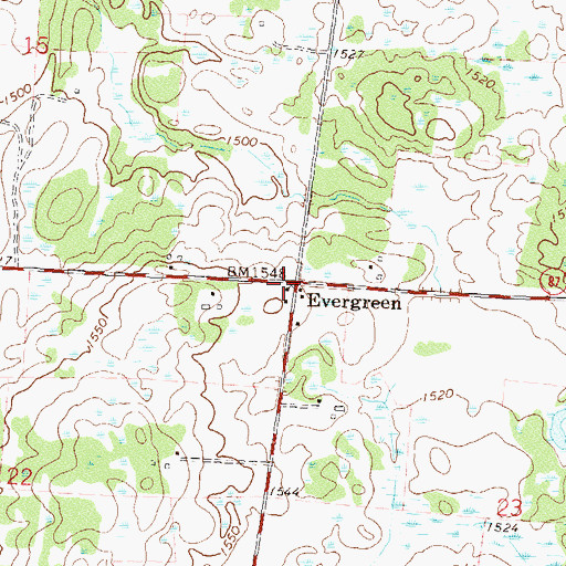 Topographic Map of Evergreen, MN