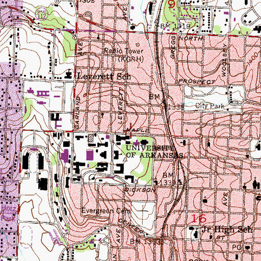 Topographic Map of Wesley Foundation United Methodist Campus Center, AR
