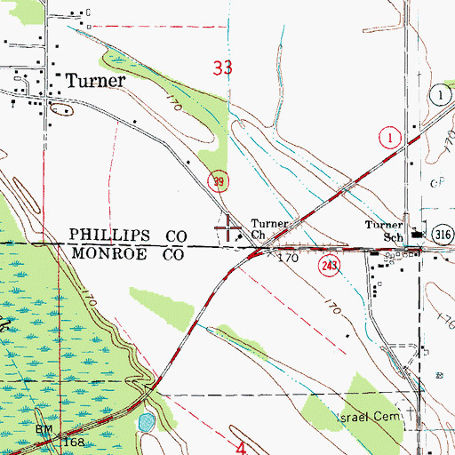 Topographic Map of Turner Cemetery, AR