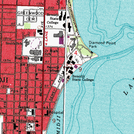 Topographic Map of Bemidji State University, MN