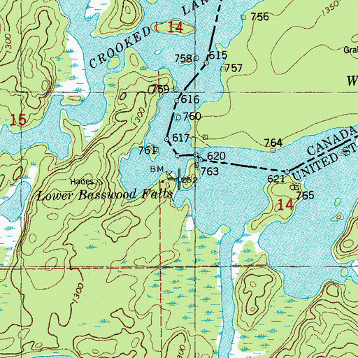 Topographic Map of Lower Basswood Falls, MN