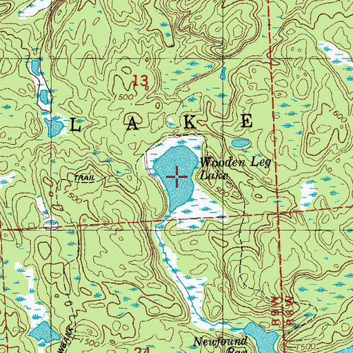 Topographic Map of Wooden Leg Lake, MN