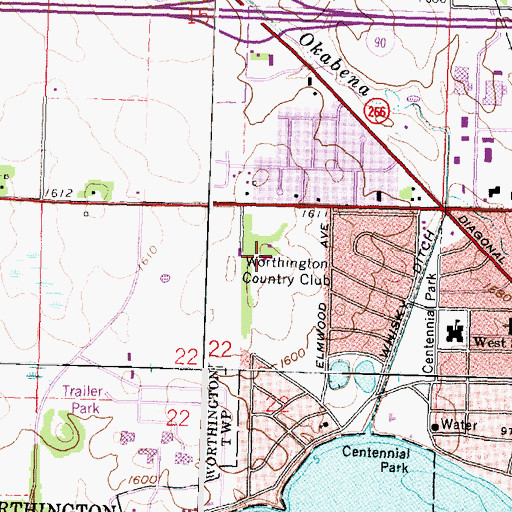Topographic Map of Worthington Country Club, MN