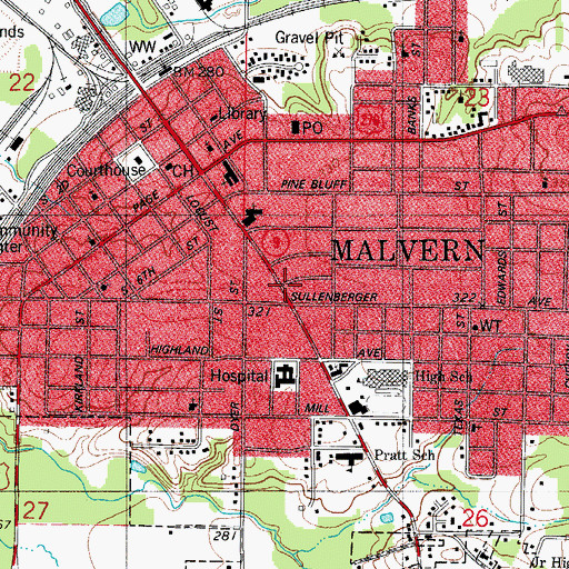 Topographic Map of Malvern Fire Department Central Station, AR