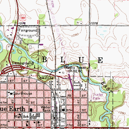 Topographic Map of KBEW-AM (Blue Earth), MN