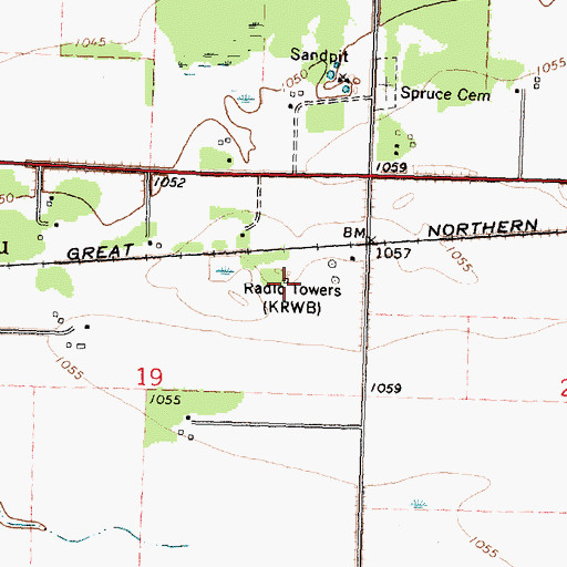 Topographic Map of KRWB-AM (Roseau), MN