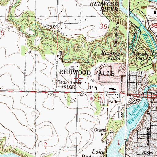 Topographic Map of KLGR-AM (Redwood Falls), MN