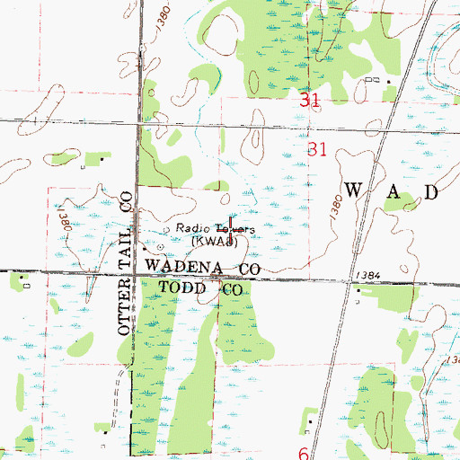 Topographic Map of KWAD-AM (Wadena), MN