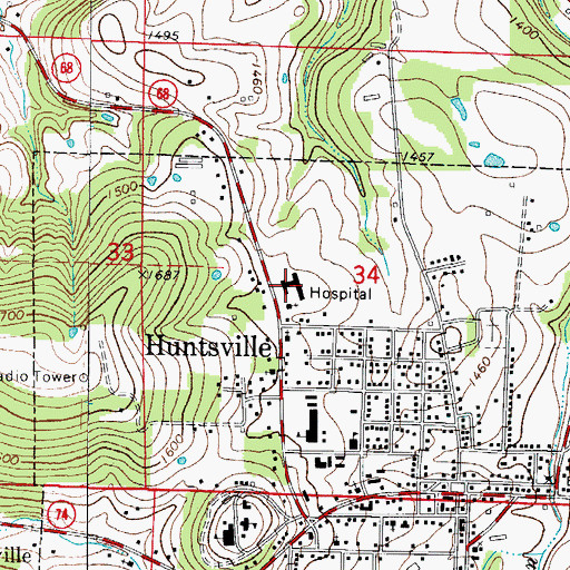 Topographic Map of Huntsville Memorial Hospital, AR