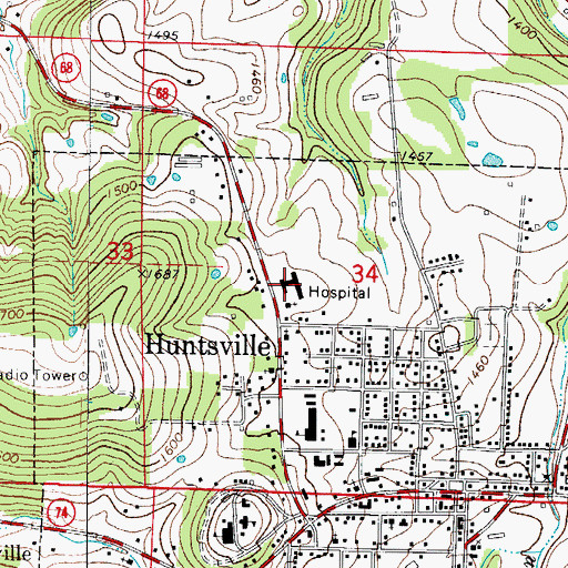 Topographic Map of Huntsville Memorial Hospital, AR