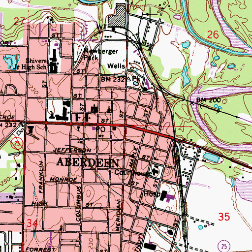 Topographic Map of Aberdeen, MS