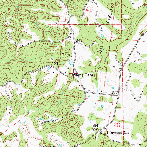 Topographic Map of Adams Cemetery, MS