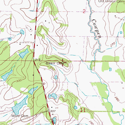 Topographic Map of Baker Cemetery, MS