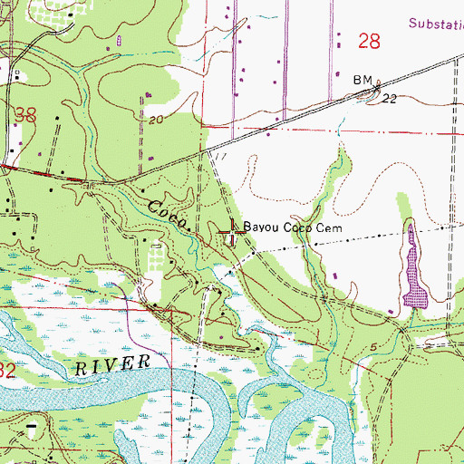 Topographic Map of Bayou Coco Cemetery, MS