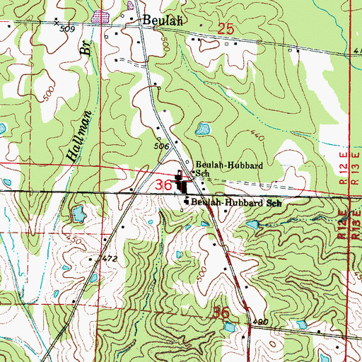 Topographic Map of Beulah-Hubbard School (historical), MS