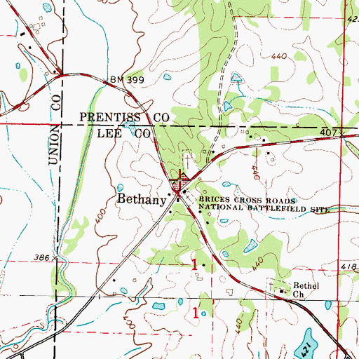 Topographic Map of Brices Cross Roads National Battlefield Site, MS
